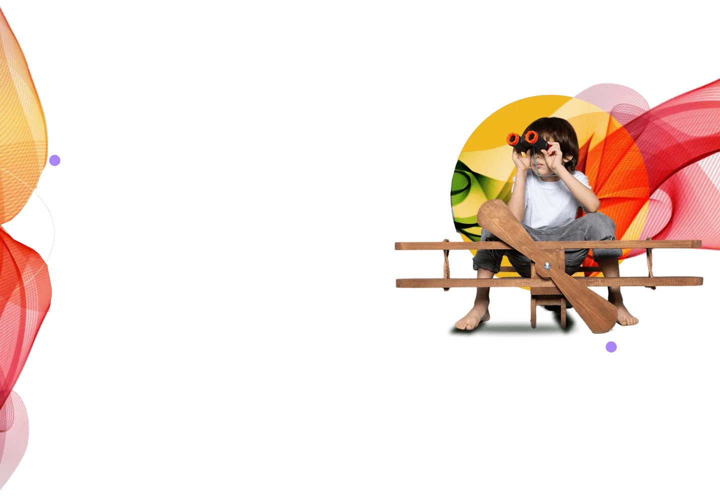 Niño con avión de madera mirando con binoculares
